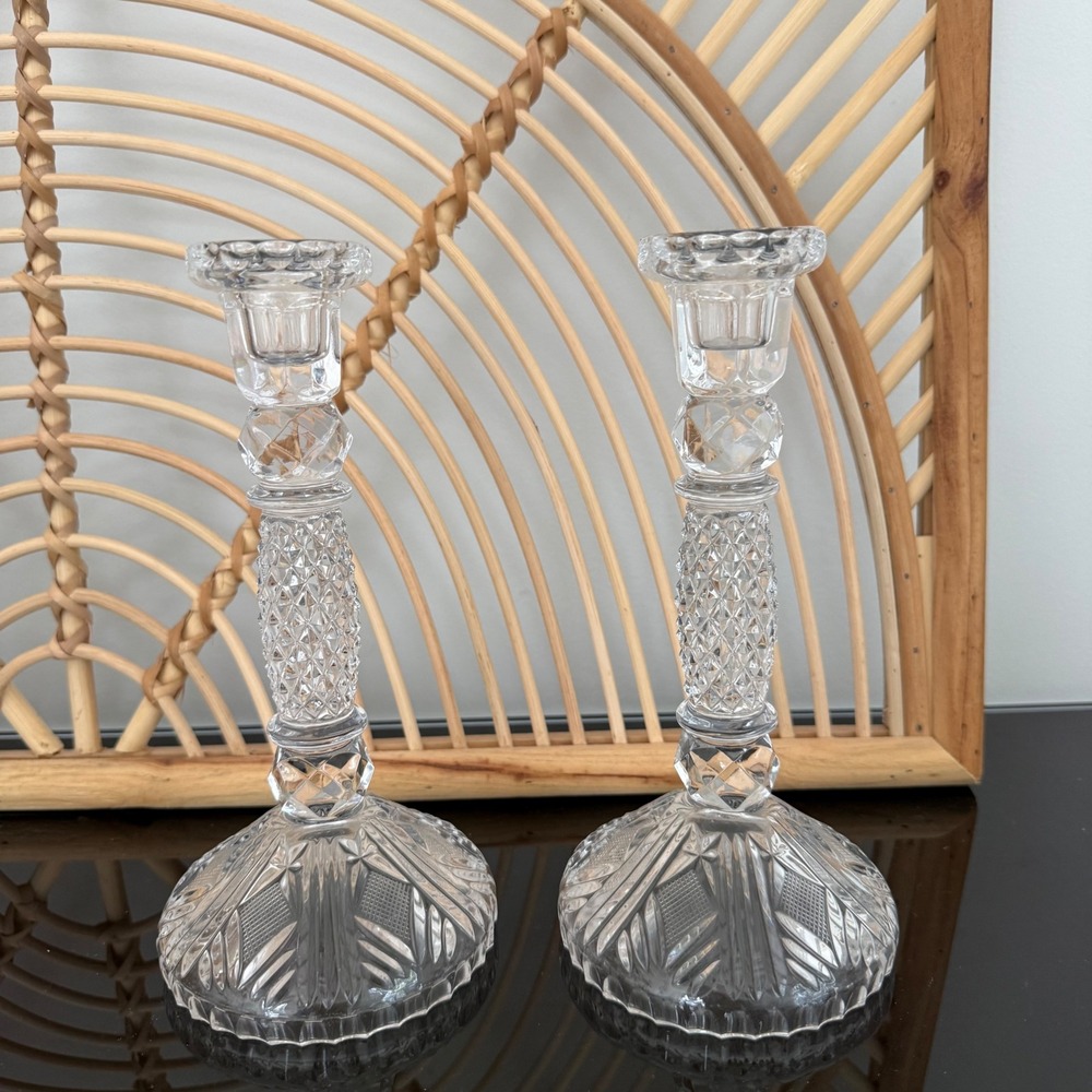 Crystal European Classic Traditional Cut Glass Tall Candleholder Sticks Pair